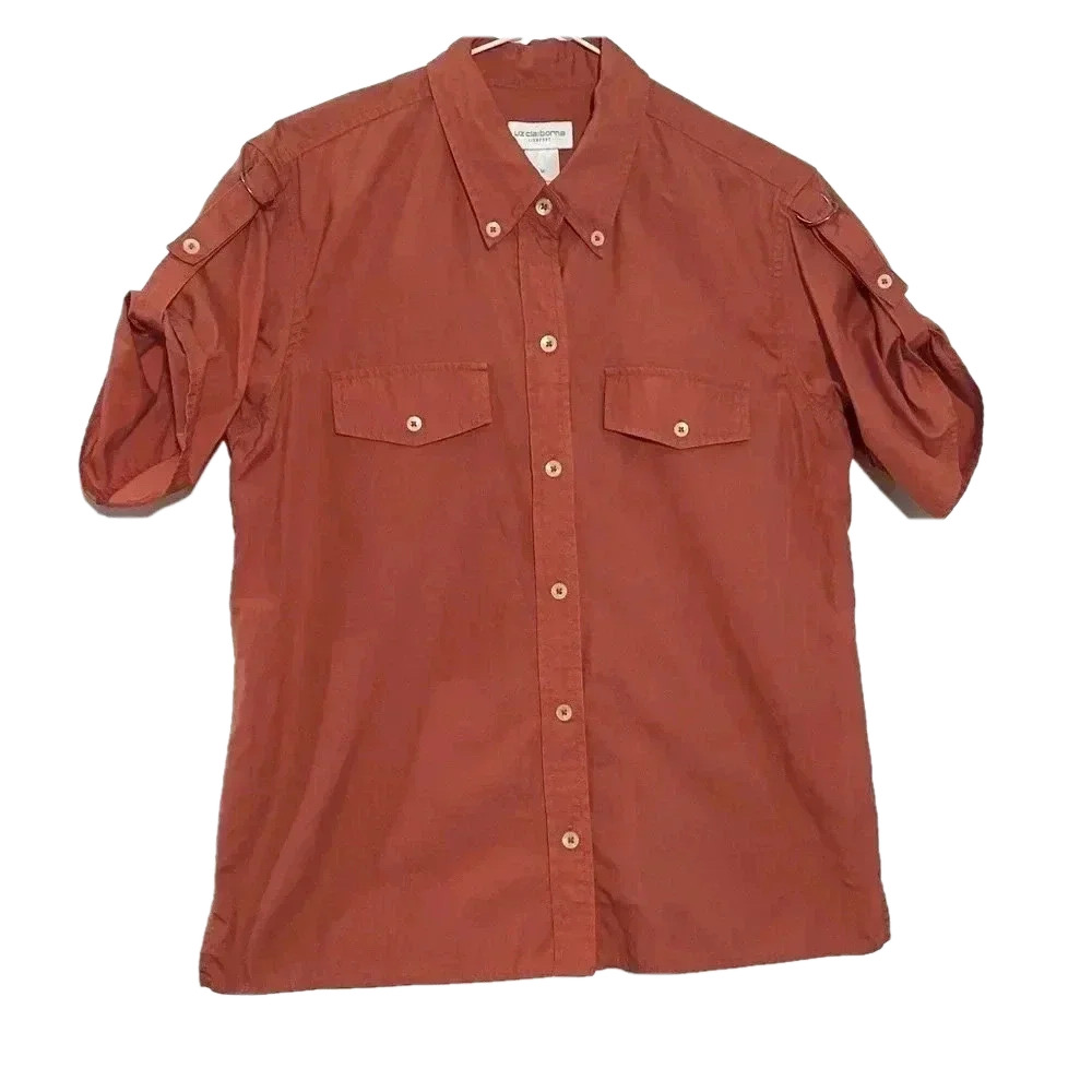 Liz Claiborne women’s orange button down casual shirt with adjustable sleeve.